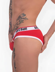 Red barcode brand briefs with white trim and black waistband lettering in size s by barcode berlin kai rib underwear