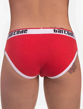 Red ribbed briefs with white trim and barcode logo on waistband Barcode Berlin Kai Rib Brief underwear size S