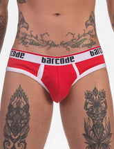 Red and white barcode berlin kai rib brief underwear with ribbed texture size s shown from front side