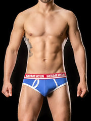 Blue Barcode Berlin Kreuzberg briefs with white trim and red waistband featuring brand name in black lettering size M