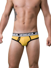 Yellow barcode berlin brief underwear with black trim and white logo band in size small for comfortable wear