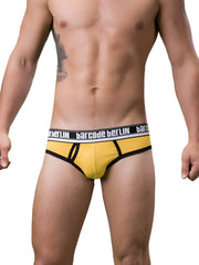 Yellow barcode berlin brief underwear with black trim and white logo band in size small for comfortable wear