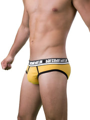 Yellow barcode berlin brief underwear with black trim and white waistband featuring brand name size s