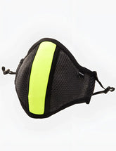 Black mesh face mask with bold neon yellow vertical stripe and adjustable elastic ear loops by barcode berlin