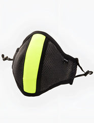 Black mesh face mask with bold neon yellow vertical stripe and adjustable elastic ear loops by barcode berlin