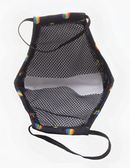 Black mesh face mask by barcode berlin with rainbow polka dots edge and white filter pocket unisex one size