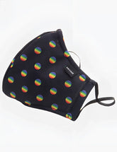 Black face mask with rainbow polka dots and a small black tag from barcode berlin major general michelinho unisex mask