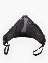 Black mesh face mask with rainbow trim and adjustable elastic ear loops by barcode berlin size one size
