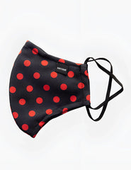 Black fabric face mask with bold red polka dots and black elastic ear loops barcode berlin unisex one size