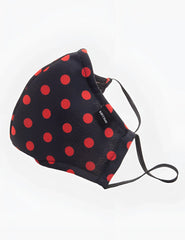 Black fabric face mask with bold red polka dots and black elastic ear loops from barcode berlin unisex one size