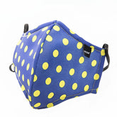 Blue fabric face mask with yellow polka dots and black elastic ear loops by barcode berlin unisex one size