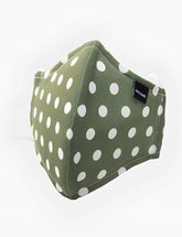 Olive green fabric face mask with white polka dots and black salcode brand tag barcode berlin unisex size one size
