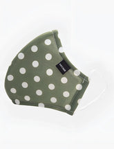 Olive green fabric face mask with white polka dots clear elastic ear loops barcode berlin unisex major general michelinho