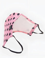 Pink polka-dot Barcode Berlin Major General Michelinho unisex face mask with clear plastic panel and black elastic ear loops