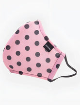Pink polka-dot face mask with black dots and barcode berlin brand tag in one size unisex style
