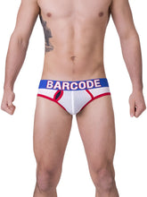 White mesh briefs with red trim and blue waistband featuring barcode logo in size medium from barcode berlin