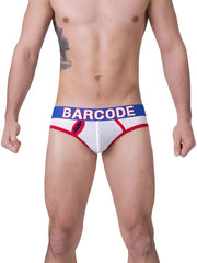 White mesh briefs with red trim and blue waistband featuring barcode logo in size medium from barcode berlin