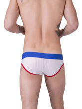 White mesh briefs with bold blue waistband and red trim barcode berlin twenty 9 mesh brief underwear size m