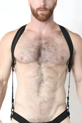 Bare mesh 2.0 mesh harness black mesh and leather suspenders with adjustable straps shown from the back