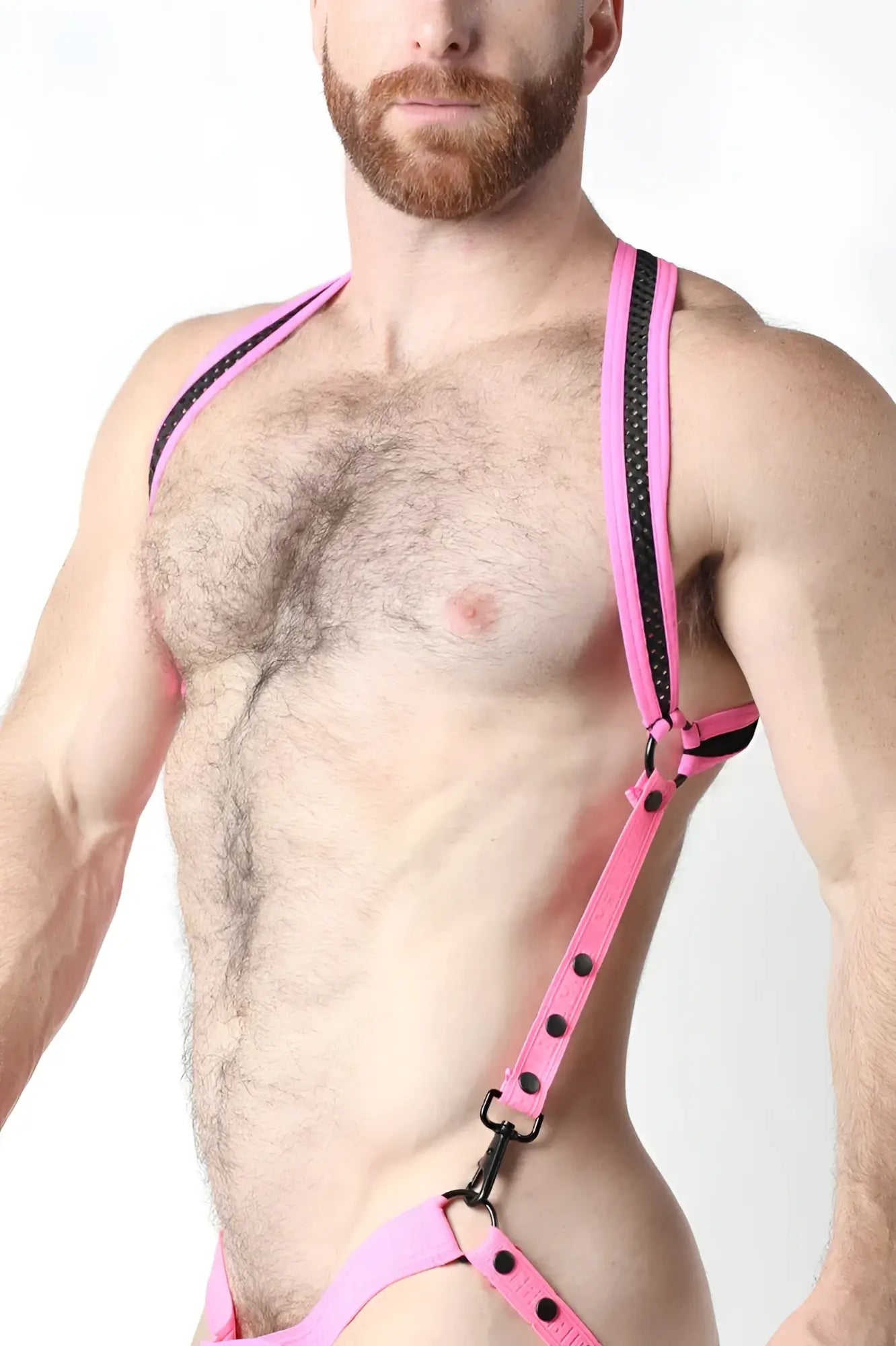 Bright pink leather mesh harness bare mesh 2.0 with black trim and adjustable straps for a secure fit