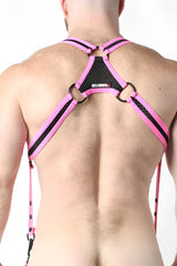 Pink and black bare mesh 2.0 mesh harness with adjustable straps and metal rings in breathable mesh material
