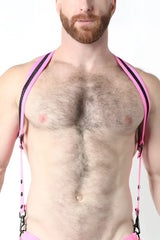 Bare mesh 2.0 mesh harness with pink suspenders featuring black trim and dotted detailing in front view