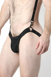 Black mesh and fabric harness style briefs with adjustable straps in bare mesh 2.0 mesh jock cup design