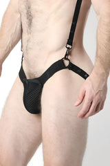 Black mesh and fabric harness style briefs with adjustable straps in bare mesh 2.0 mesh jock cup design