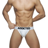 White men’s briefs with a black addicted logo on the waistband from my basic jockstrap collection