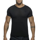 Basic v-neck t-shirt in black short-sleeved cotton with a subtle logo on the left chest for casual wear