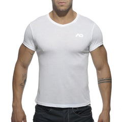 Basic v-neck white short-sleeved cotton t-shirt with a subtle logo on the left chest for casual wear