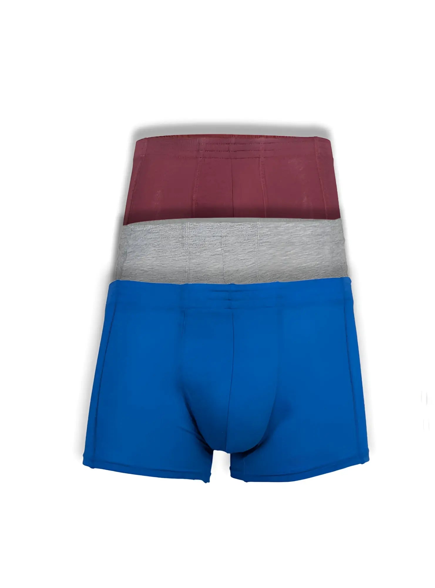 Basics trunk 3-pack of men’s boxer briefs in solid red heather gray and royal blue made from soft breathable fabric