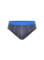 Dark gray basix comfort contrast briefs featuring a vibrant blue waistband and matching blue stitching along seams
