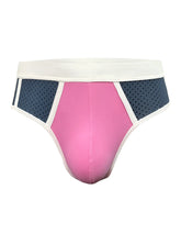 Basix Sport’s brief athletic underwear in pink and navy blue with a white elastic waistband for active wear