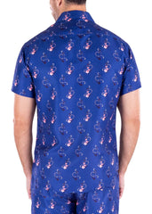 Blue short-sleeved button-up anchoring in hawaii shirt with pink and white abstract pattern perfect for summer wear