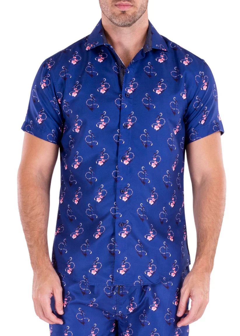 Blue short-sleeved button-up anchoring in hawaii s s shirt with a repeating pink and white floral pattern