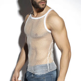White mesh beachy net strap tank top with solid white trim ideal for casual summer wear