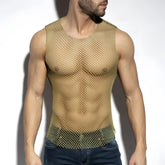 Beachy net tank top gold-toned mesh material fitted sleeveless design with rounded neckline for summer wear