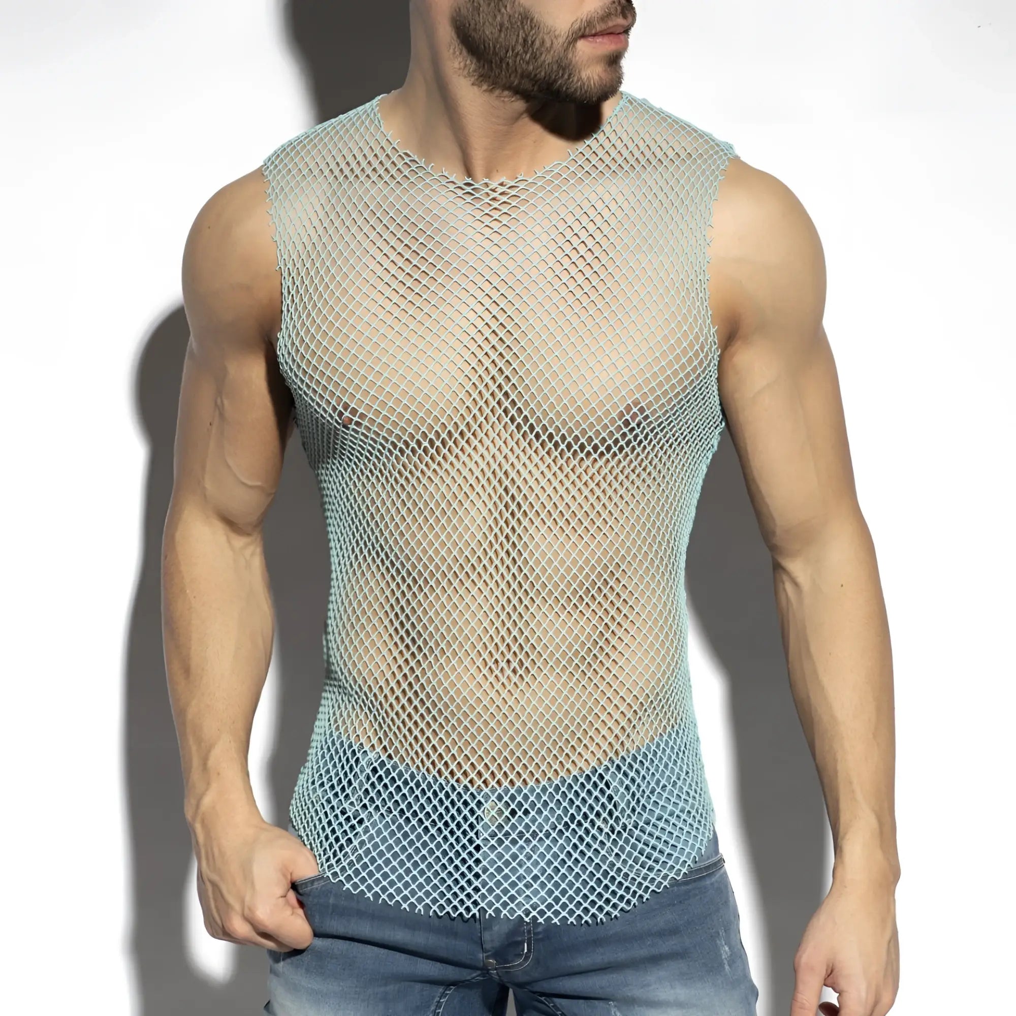 Light blue mesh sleeveless beachy net tank top with round neckline and scalloped hem for casual summer wear