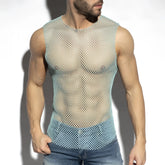 Light blue mesh sleeveless beachy net tank top with round neckline and scalloped hem for casual summer wear