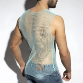 Light blue mesh beachy net tank top with subtle sheen and reinforced shoulder seams for breathable comfort