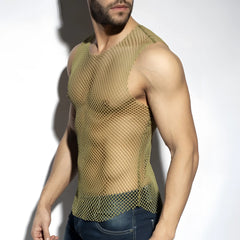 Olive green mesh tank top featuring breathable net fabric ideal for beachwear and casual summer outfits