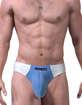 Blue and white big boy pouch bikini underwear with black wildman brand label on the waistband