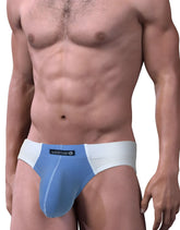 Blue and white big boy pouch bikini underwear with wildman branded waistband for athletic support and comfort
