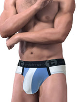 Blue and white big boy pouch brief with black wildman waistband featuring a blue and white stripe design