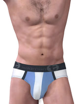 Light blue and white athletic-style big boy pouch brief with black wildman waistband featuring blue white stripe