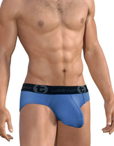 Big boy pouch brief dark blue by wildman featuring blue fabric and black elastic waistband with wildman logo and stylized t emblem