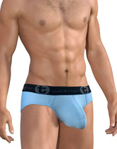 Light blue wildman big boy pouch brief with black elastic waistband featuring wildman logo and stylized t emblem