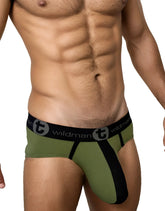 Olive green and black cotton big boy pouch brief with branded waistband and stripe for comfortable athletic wear
