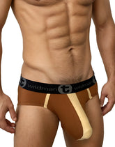 Brown and beige cotton big boy pouch athletic briefs with black wildman waistband and stripe design